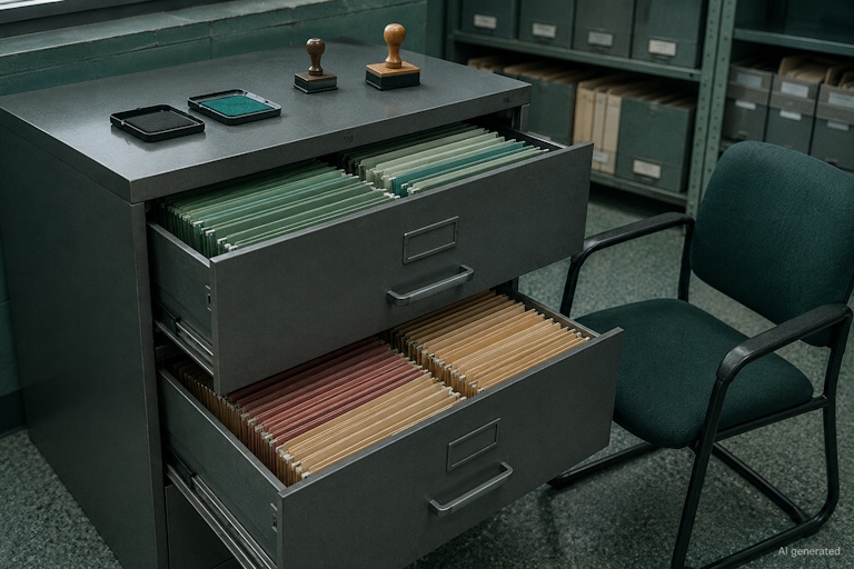 AI generated image - filing cabinet with two open drawers and two inspection stamps, representing split AI supervision