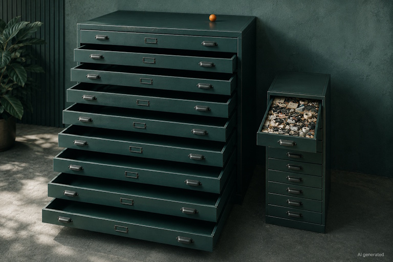 AI generated image - a cabinet of wide near-empty drawers beside one deep full drawer, illustrating shallow AI adoption.