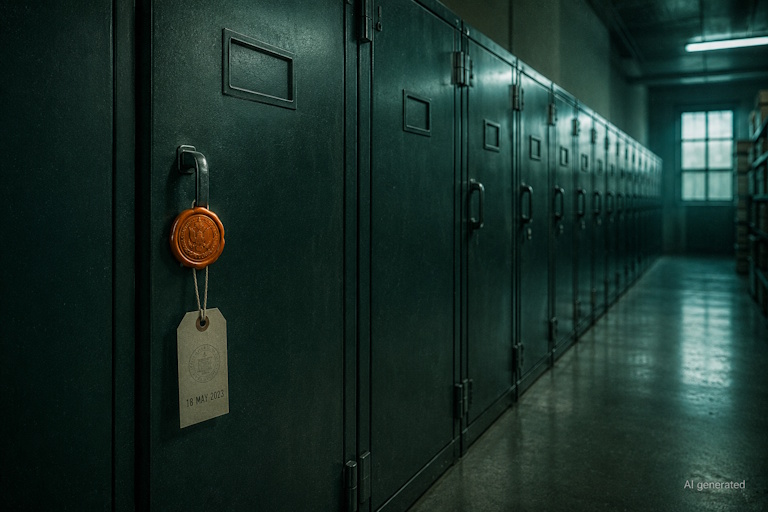 AI generated image - a sealed records cabinet with an official inspection tag, illustrating independent frontier AI safety audits.