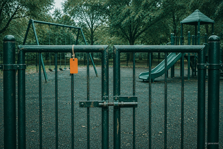 AI generated image - a closed playground gate with a blank inspection tag, representing safety by design and restricted access for under-13s