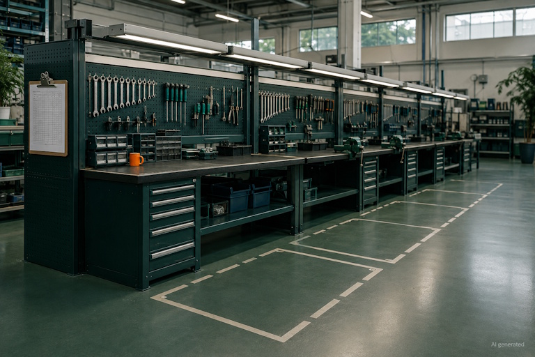 AI generated image - assembly bench with three workstations removed, illustrating AI job cuts