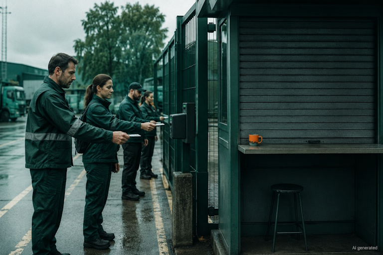 AI generated image - workers held at a closed gate beside an empty booth, illustrating meaningful human involvement missing from an automated decision