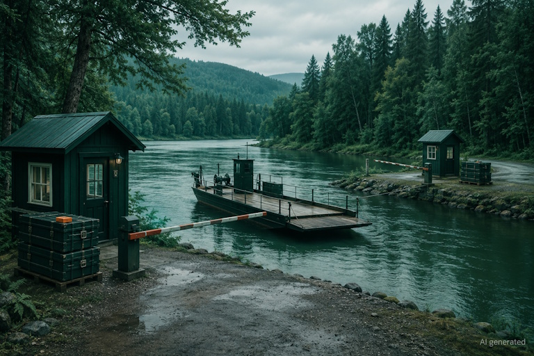 AI generated image - matching inspection huts on both banks of a river, illustrating cloud sovereignty rules