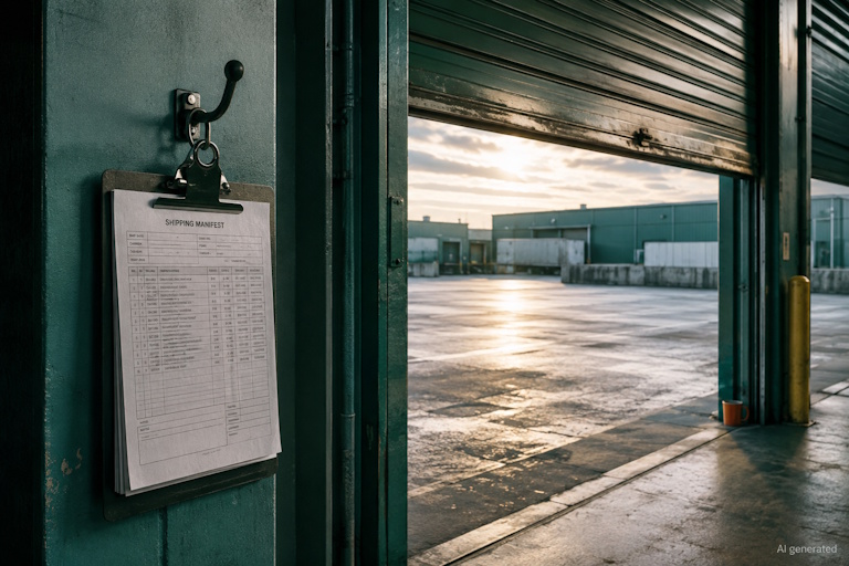 AI generated image - empty loading dock with a shipping manifest on a hook, illustrating an export control record that ends at delivery