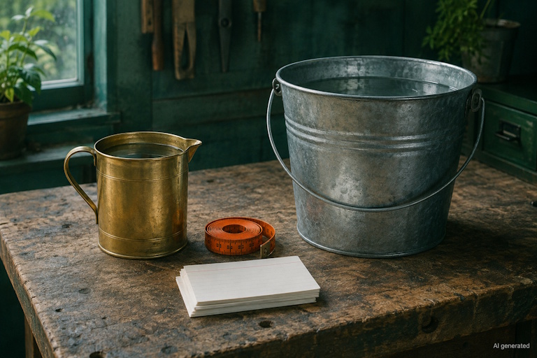 AI generated image - a small brass jug and a large galvanised pail filled to the same level on a workshop bench.