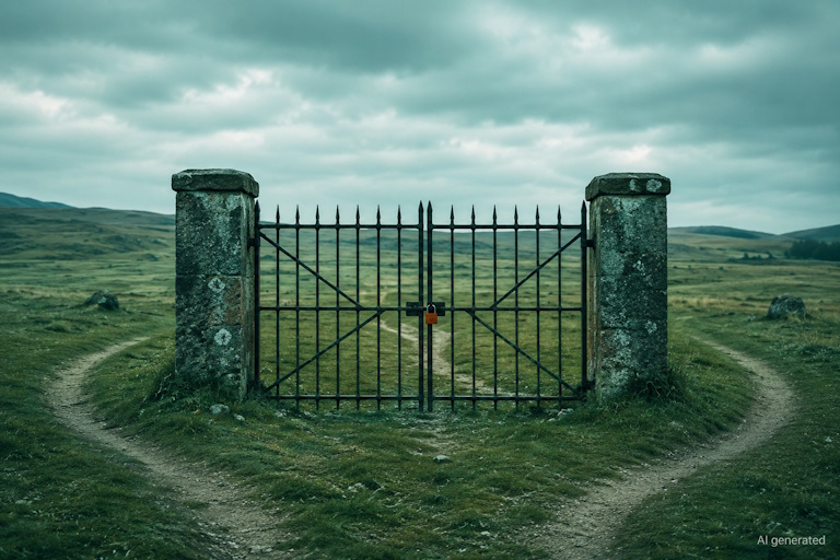 AI generated image - a padlocked iron gate standing alone in a field with a worn footpath curving around it, illustrating how an AI agent attack bypasses frontier model controls