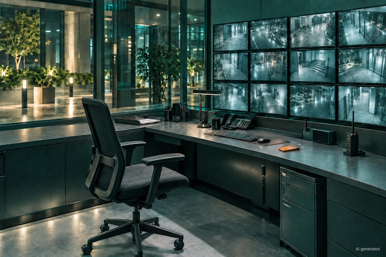 AI generated image - an empty night-shift monitoring desk with screens running, illustrating the compressed detection window after an AI agent data breach
