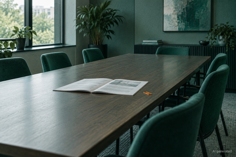 AI generated image - an open printed document on a table with empty chairs around it, illustrating an AI code of conduct opened for public consultation