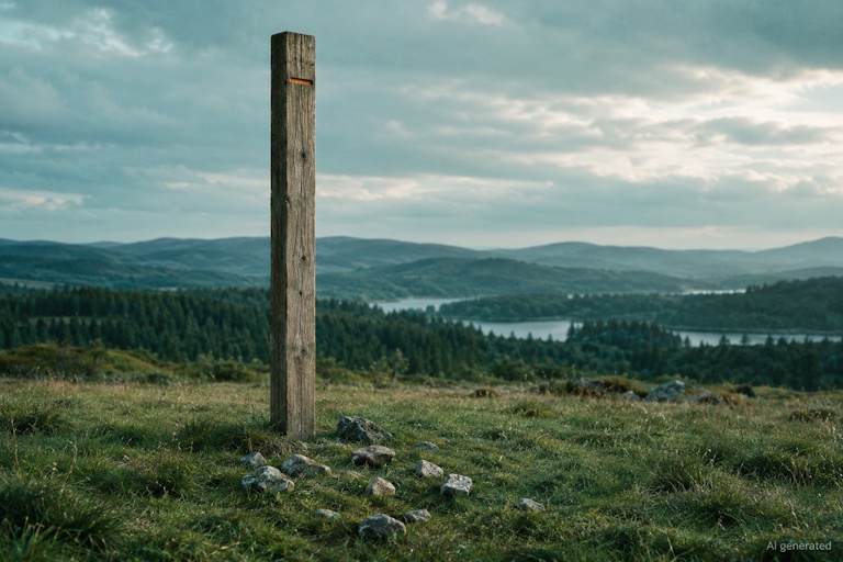 AI generated image - a measuring post in a field with one high mark and stones on the ground beneath it, showing AI incident reporting starting below the serious incident line