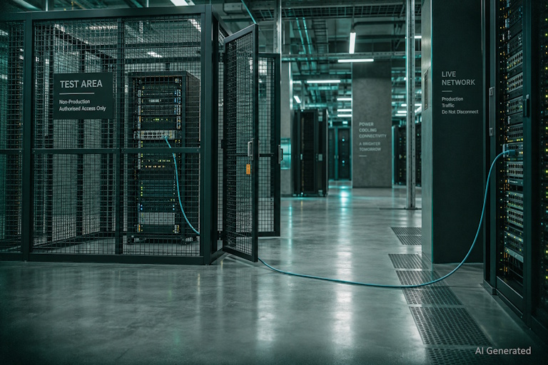 AI generated image - an AI sandbox test rack in a wire cage with its door open and a network cable running out to live ports