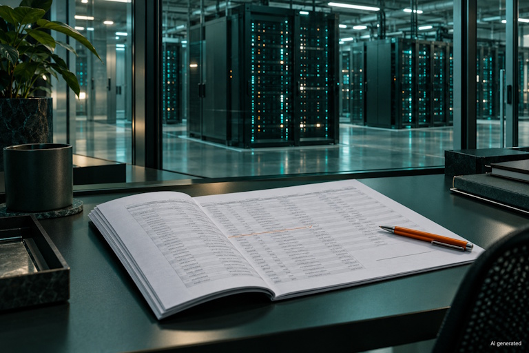 AI generated image - a printed audit log on an operations desk in front of server racks, illustrating AI agent liability