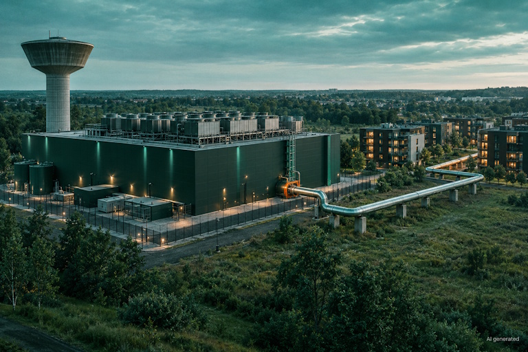 AI generated image - a data centre linked by a district heating pipe to nearby apartment blocks, illustrating the EU data centre rating