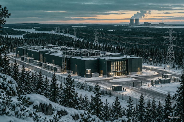 AI generated image - a data centre in a snowy Finnish forest connected by transmission towers to a distant nuclear plant, illustrating compute sovereignty