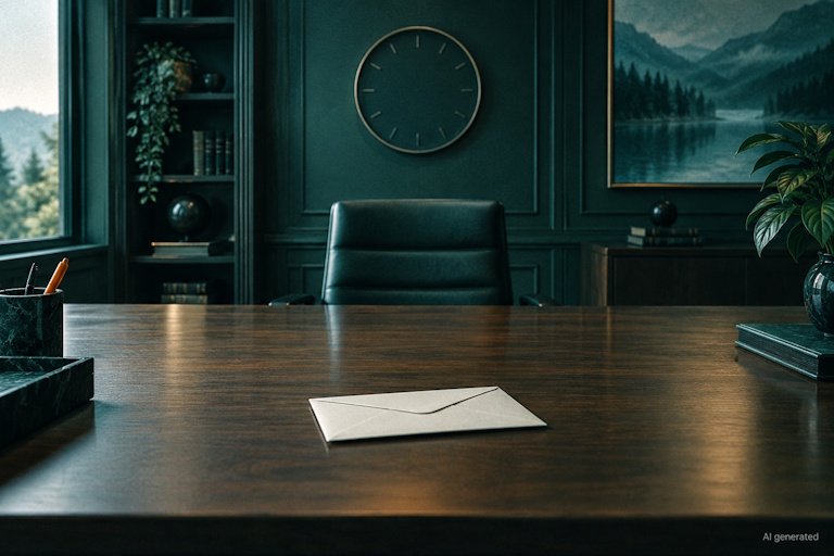 AI generated image - a sealed envelope on an empty desk beneath a wall clock with no hands, representing a serious incident report filed at an undisclosed time