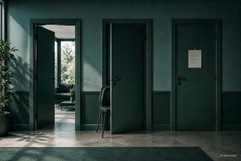AI generated image - three doors in a corridor open to different degrees, illustrating an AI use policy segmented by exposure