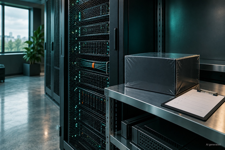 AI generated image - an unopened supplier component beside a server rack, illustrating supplier security