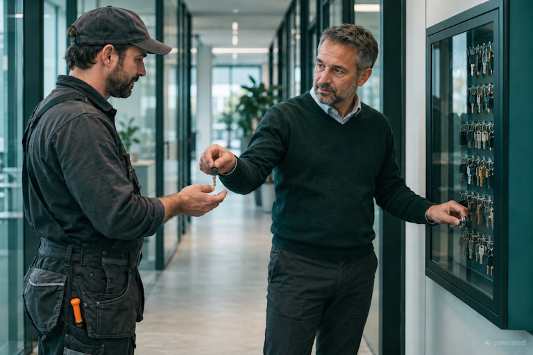 AI generated image - facilities manager hands a contractor a single key while the key cabinet stays locked, illustrating AI agents permissions