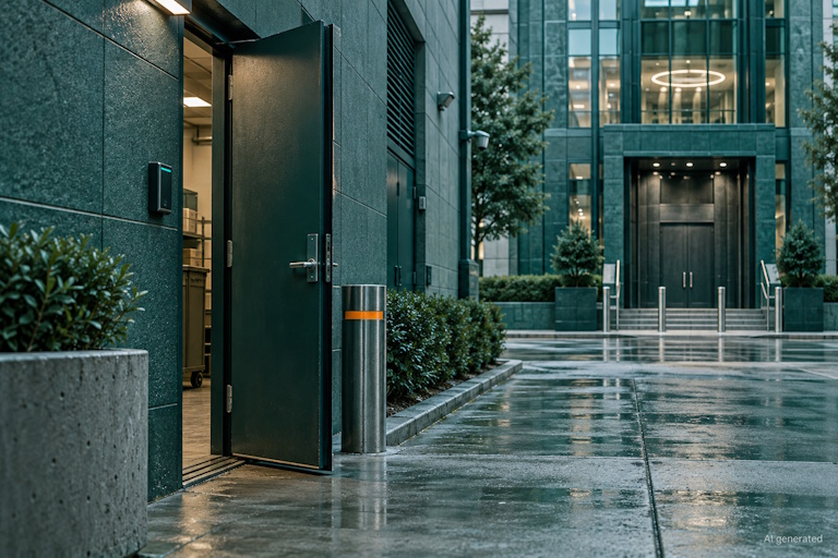 AI generated image - a staff side door left ajar at a bank building, illustrating how AI-assisted attacks find less-guarded entry points