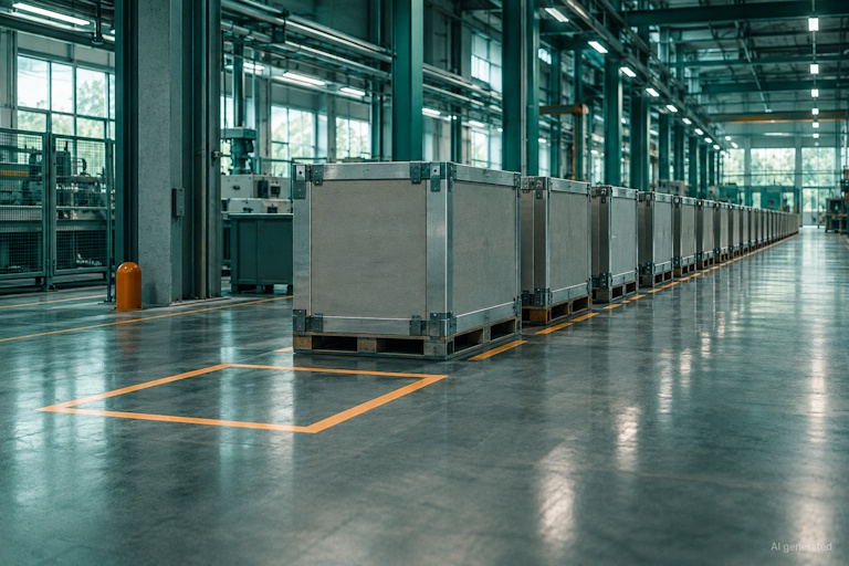 AI generated image - a long row of sealed industrial crates and an empty loading bay, illustrating the AI supply chain queue