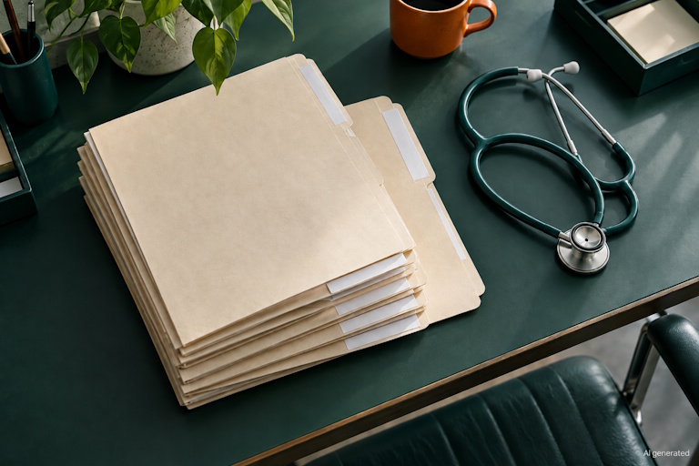 AI generated image - patient folders with covered name labels, illustrating anonymised data that can still identify a person