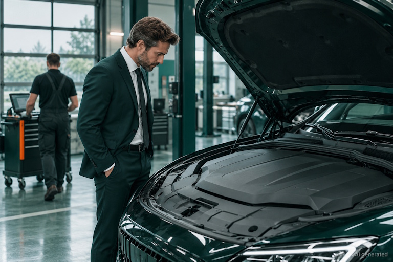 AI generated image - man in a suit looks at a fully enclosed engine under an open car bonnet, illustrating third-party AI assurance